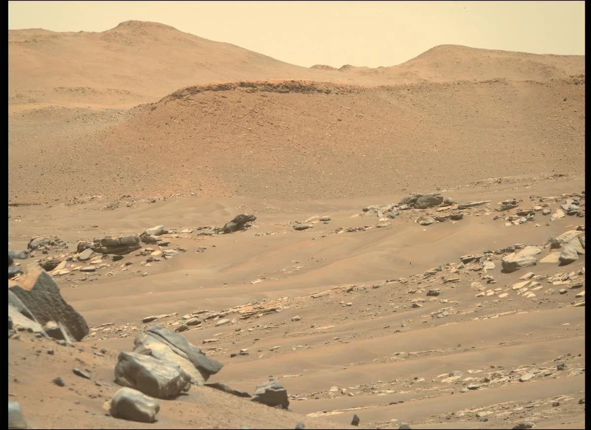 Rocky hills and layered terrain in Jezero Crater on Mars